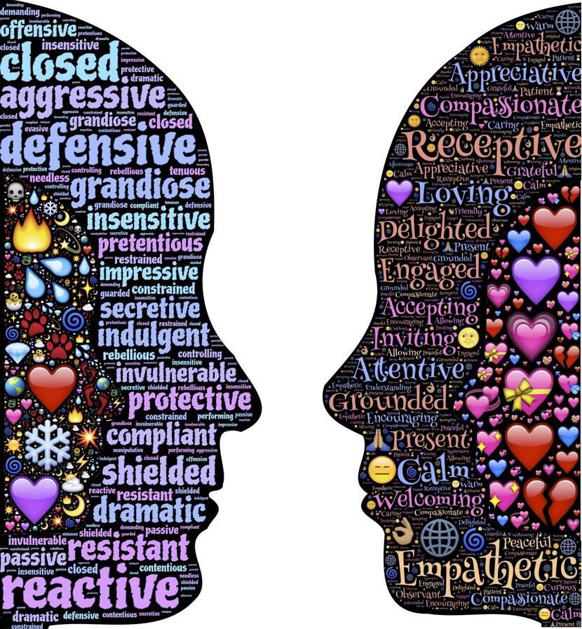 Illustratie van twee halve hoofden die elkaar aankijken met daarin teksten die betrekking hebben empathie.